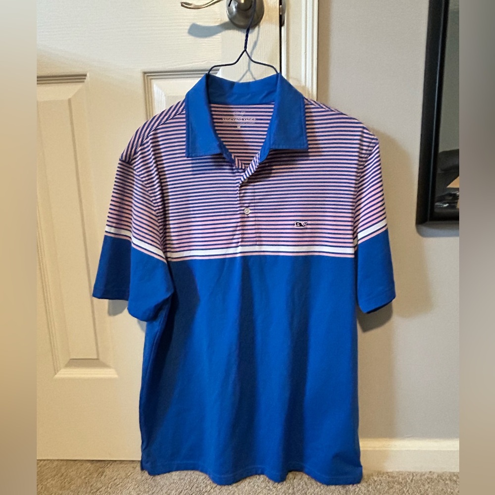 Blue and White Striped Polo Shirt